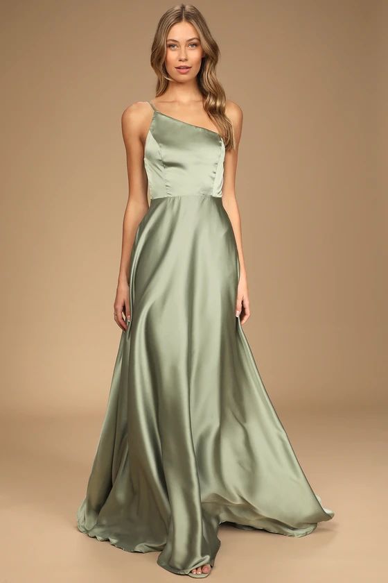 Love's Calling Olive Satin One-Shoulder Maxi Dress With Pockets | Lulus (US)