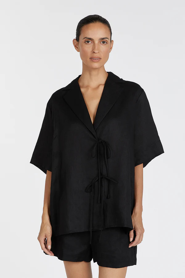 EMELIA BLACK LINEN WRAP SHIRT | DISSH