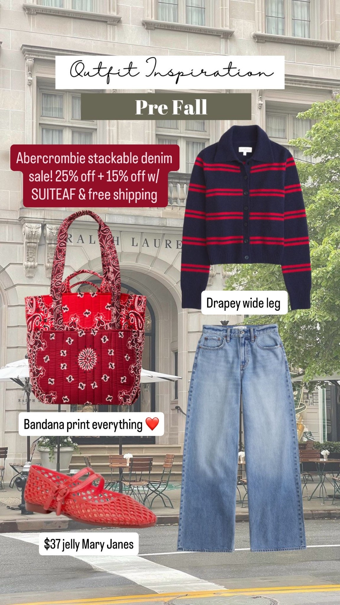 Abercrombie stackable sale! 25% off + 15% off w/ SUITEAF & free shipping 
Bandana print tote and striped cardigan
Wide leg drapey jeans 
Pre fall outfit

#LTKPetite #LTKSaleAlert #LTKootd