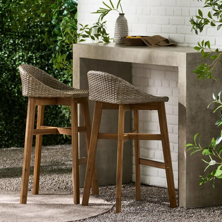 Borah Wicker and Acacia Wood Outdoor Barstools, Set of 2, Light Multibrown and Teak - Walmart.com | Walmart (US)