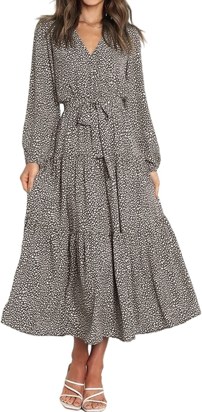 R.Vivimos Women's Fall Cotton Long Sleeves Irregular Polka Dot V Neck Casual Flowy Midi Dress | Amazon (US)
