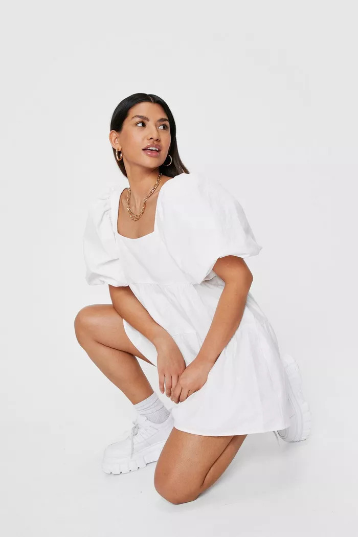 Linen Look Puff Sleeve Smock Mini Dress | Nasty Gal (US)