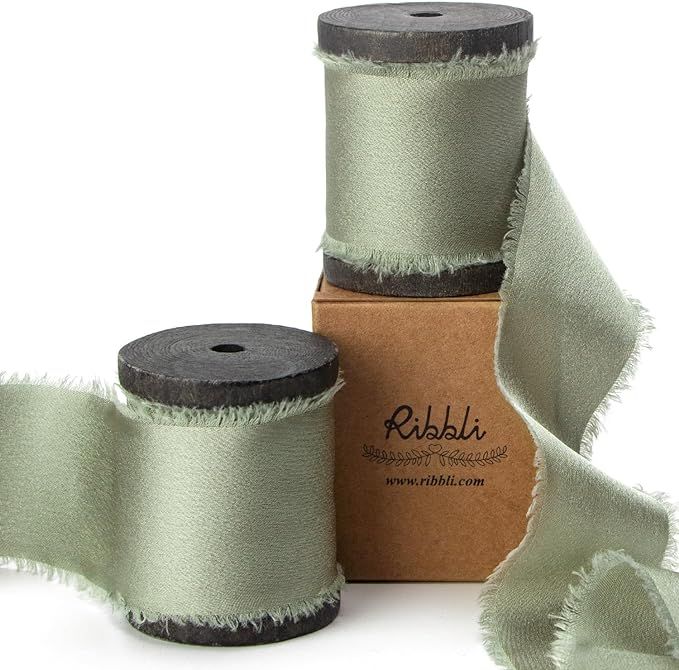 Ribbli Dusty Sage Green Silk Satin Ribbon 1.5 Inch x 12 Yard Handmade Frayed Chiffon Ribbon with ... | Amazon (US)