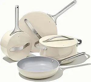 Caraway 12 Piece Cream Ceramic Cookware Set with Aluminum Pots, Pans, 3 Lids and Kitchen Storage ... | Amazon (US)
