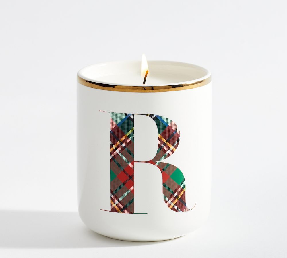 Stewart Plaid Alphabet Scented Candle - Winter Spruce | Pottery Barn (US)