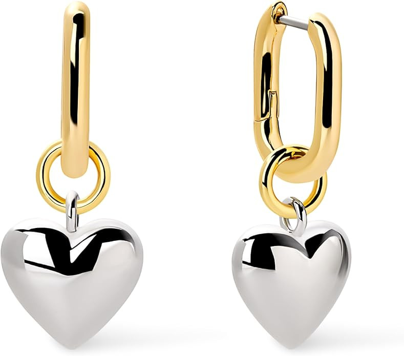 Ana Luisa Puffed Heart Hoop Earrings - Heart Charm Huggie Hoops - 14K Gold Plated, Silver Rhodium... | Amazon (US)