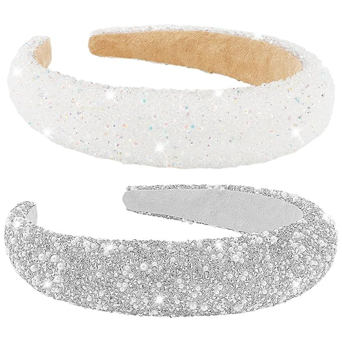 AHONEY 2 Pack Rhinestone Headband for Women Girls, Glitter Sequin Beaded Pearls Padded Headbands ... | Amazon (US)