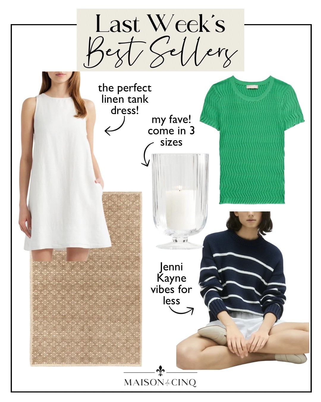 Last week’s best sellers include a linen sheath dress for less, the perfect summer sweater, my fave hurricanes and more!

Home decor, summer dress, summer fashion, linen dress, white dress, striped sweater,  tee shirt, sweater tee, area rug, summer entertaining

#LTKSeasonal #LTKOver40 #LTKHome