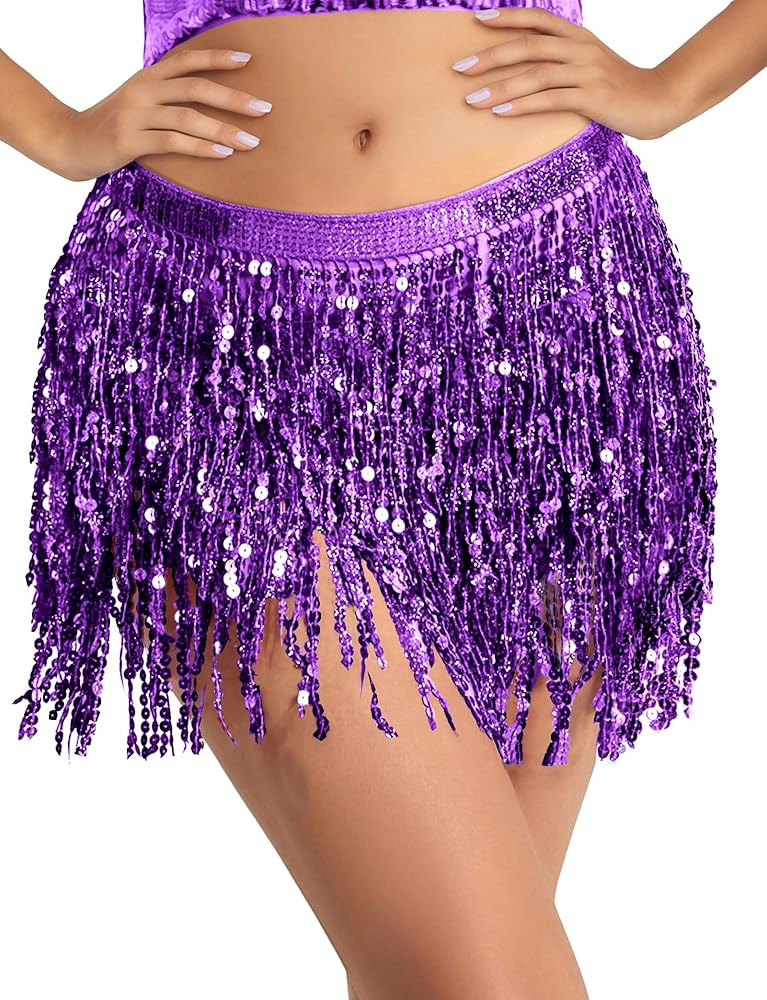 BFONS Sequin Tassel Skirt Belly Dance Hip Scarf Wrap Sparkly Tinsel Fringe Skirt Rave Festival Ha... | Amazon (US)