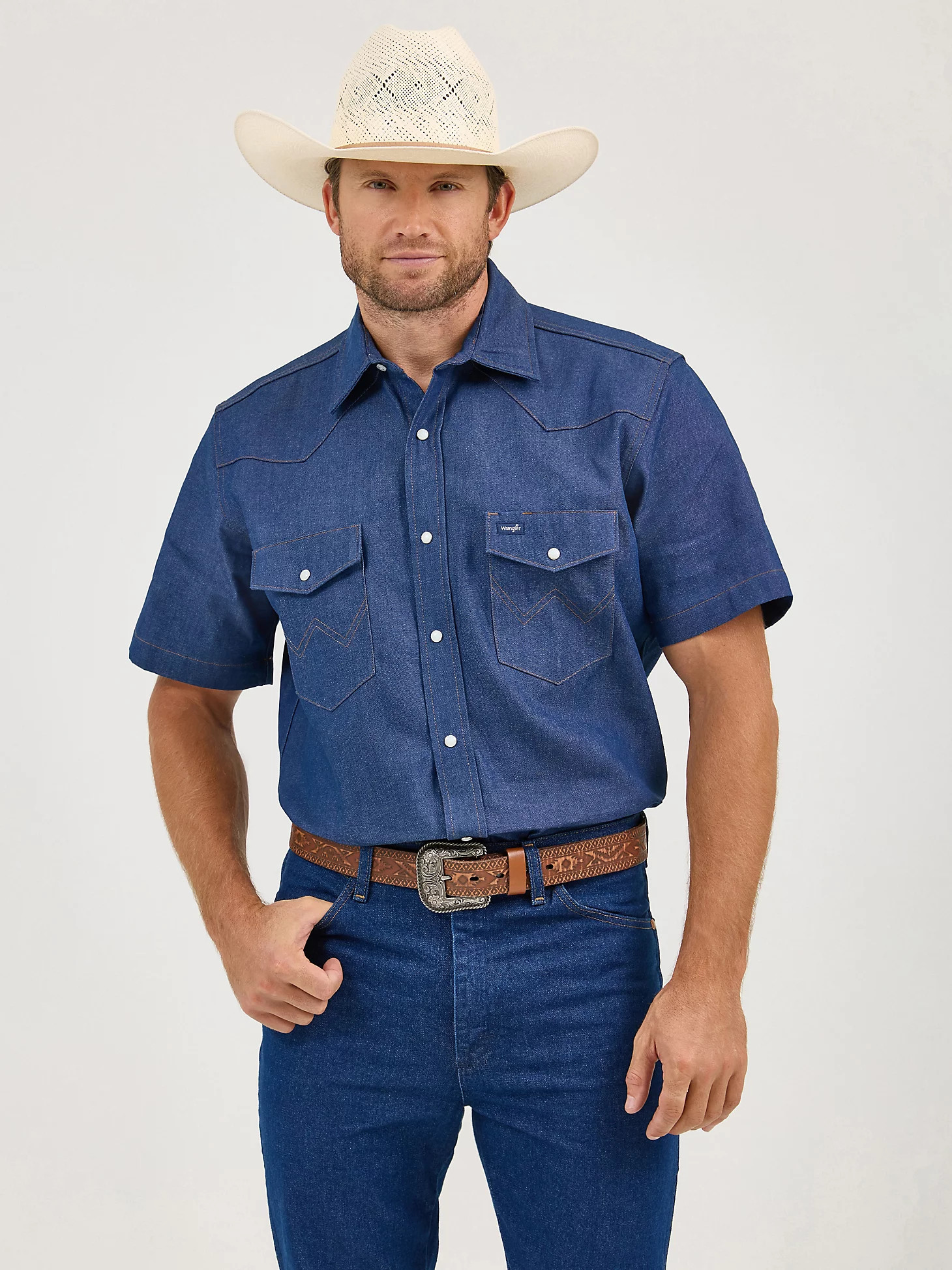 Cowboy Cut® Firm Finish Denim Short Sleeve Work Western Shirt | Wrangler