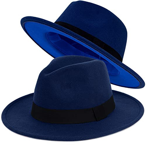 FADACHY Fashion Fedora Hat for Men & Women Wide Brim Hat Felt Panama Dress Fedora Hat Blue Bottom Two Tone Navy Blue Fedora, L Large XL | Amazon (US)