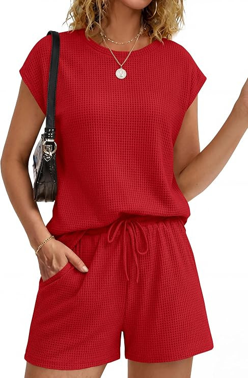KIRUNDO 2 Piece Sets For Women 2026 Summer Waffle Knit Cap Sleeve Lounge Set Casual Travel Vacati... | Amazon (US)