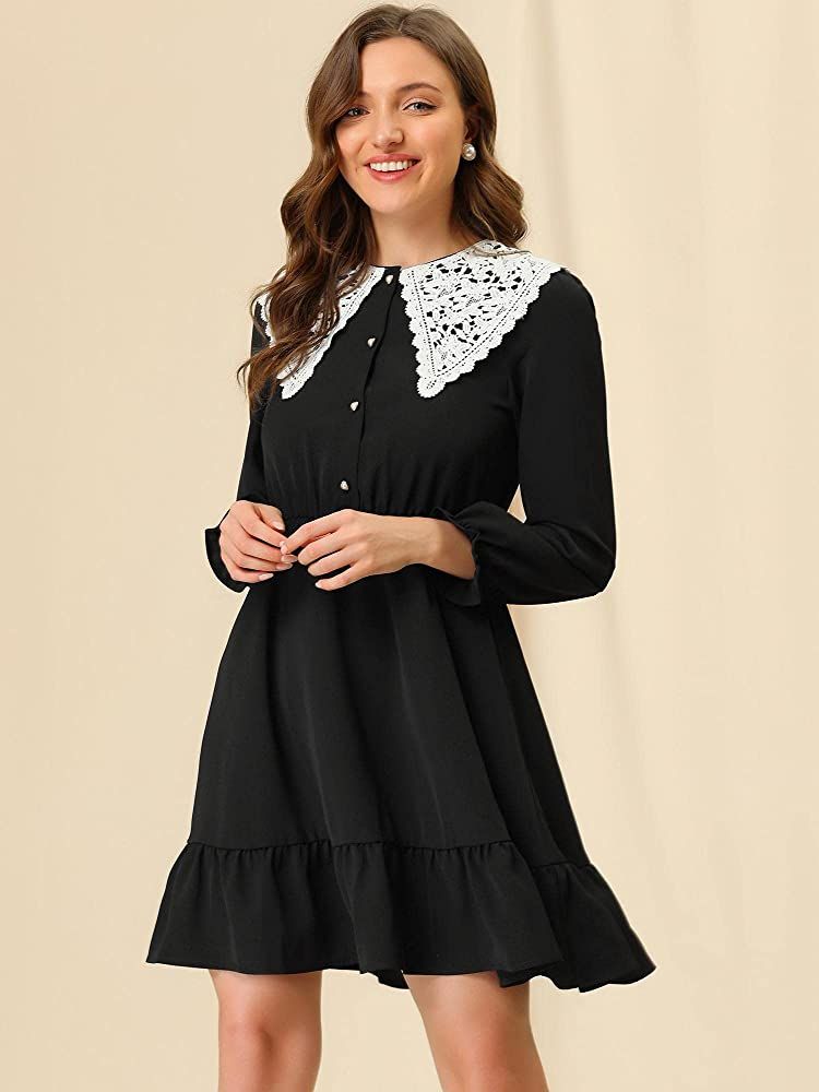 Allegra K Women's Vintage Ruffle Hem Dresses A-Line Crochet Peter Pan Collar Dress | Amazon (US)