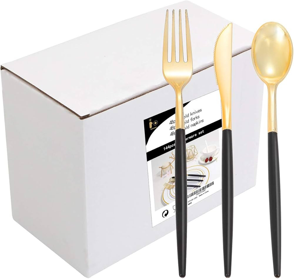 Amazon.com: I00000 144 PCS Gold Plastic Silverware, Disposable Flatware with Black Handle, Gold P... | Amazon (US)