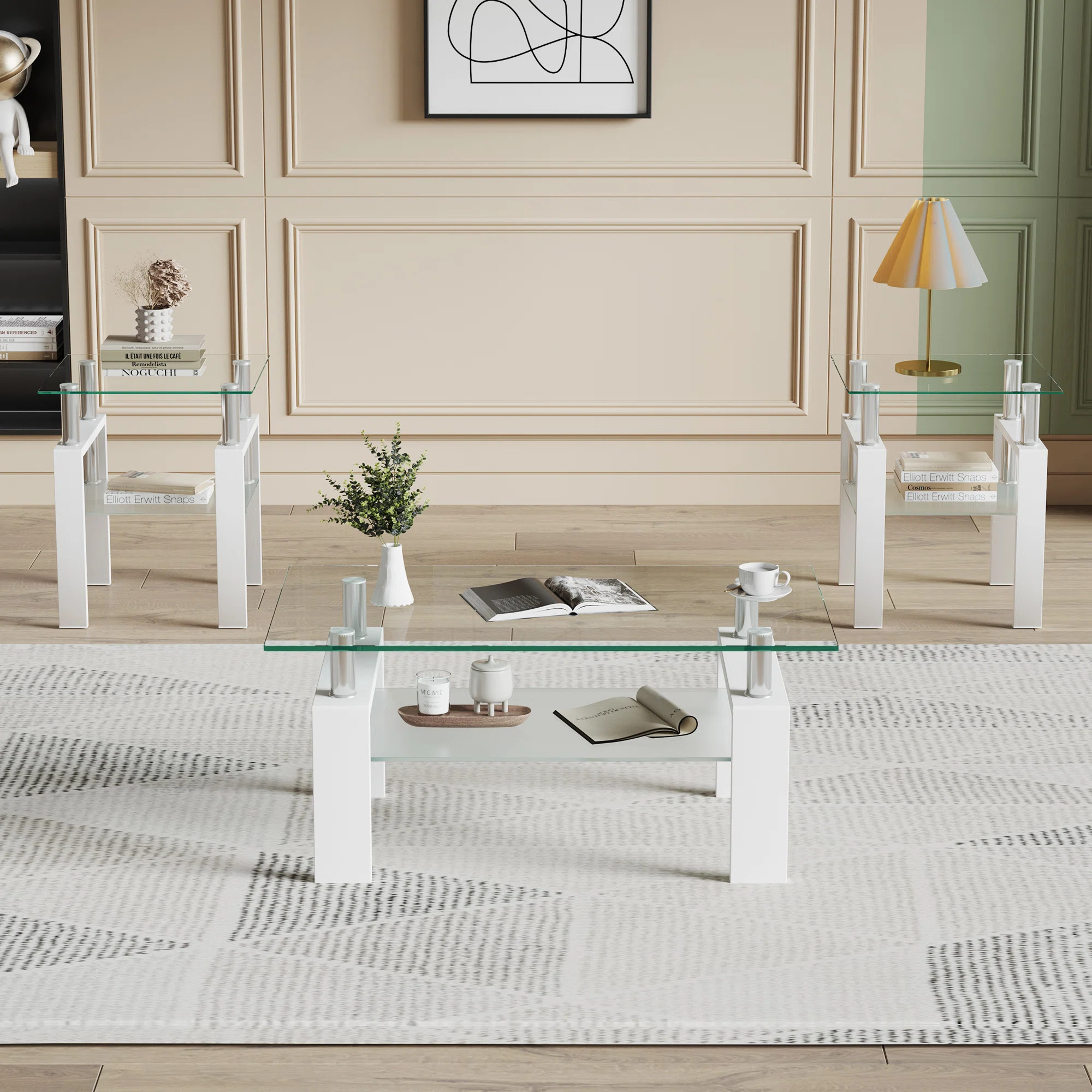 Esbeidy 3-Piece Living Room Table Set with Glass Top, Metal Legs & 2-Tier Storage Shelves, Includ... | Wayfair North America