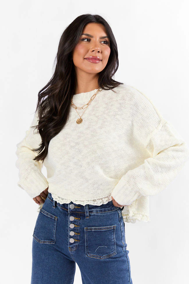 Harp On It Cream Lace Hem Crew Neck Sweater | Pink Lily