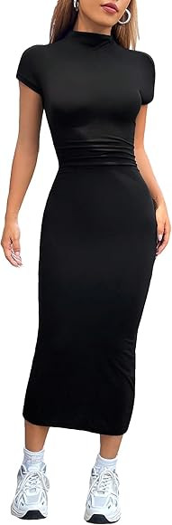 Floerns Women's Solid Short Sleeve Mock Neck Solid Bodycon Pencil Midi Dress | Amazon (US)