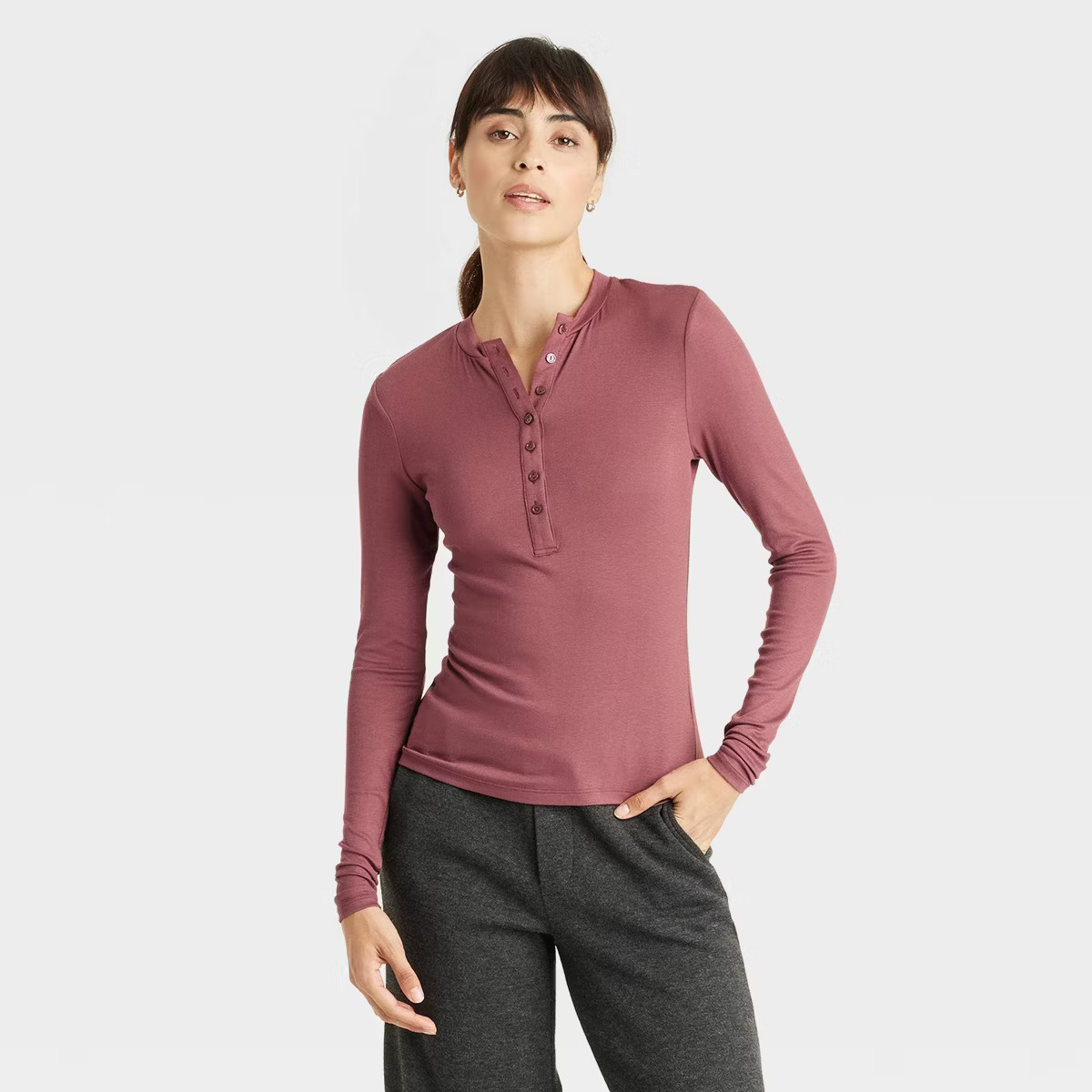 Women's Long Sleeve Henley Neck T-Shirt - Universal Thread™ Dark Mauve XS | Target