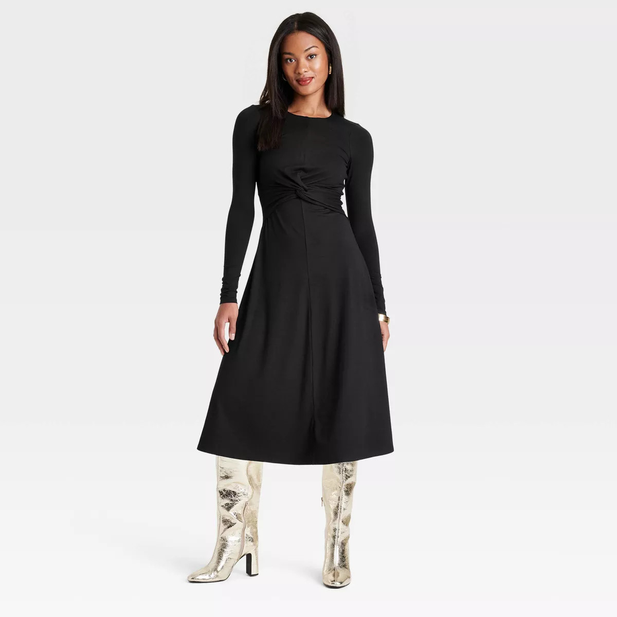 Women's Long Sleeve Twist-Front Midi Dress - A New Day™ Black M | Target