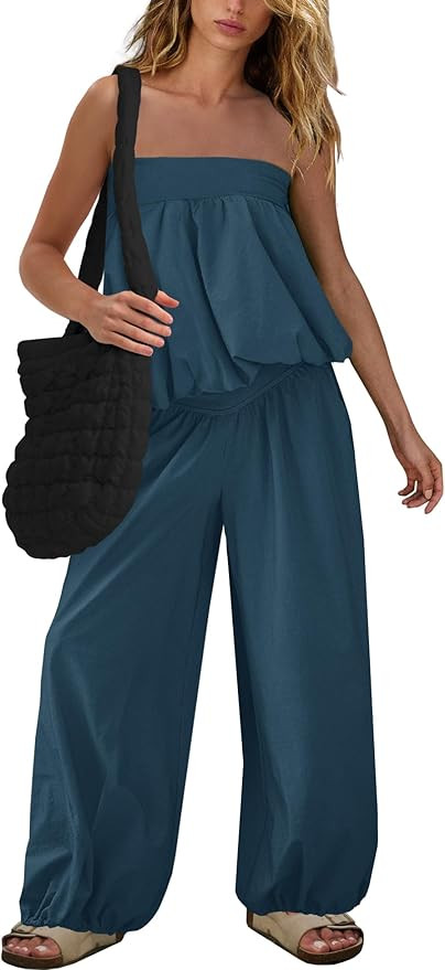 SENSERISE Pants Sets Women 2 Piece Outfits Bubble Off Shoulder Strapless Tube Top Wide Leg Pants ... | Amazon (US)