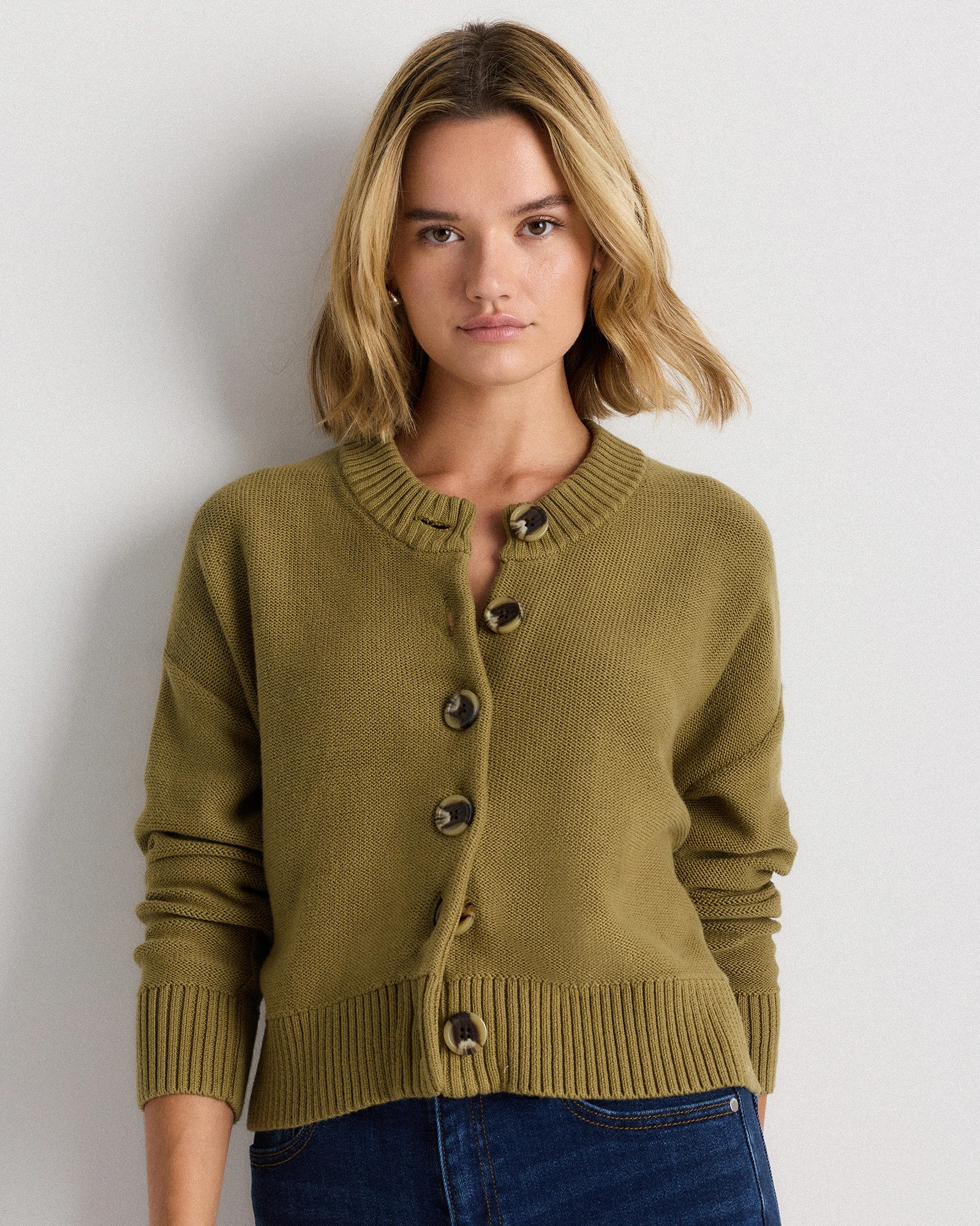 100% Organic Cotton Cropped Cardigan in Herb Green | Quince