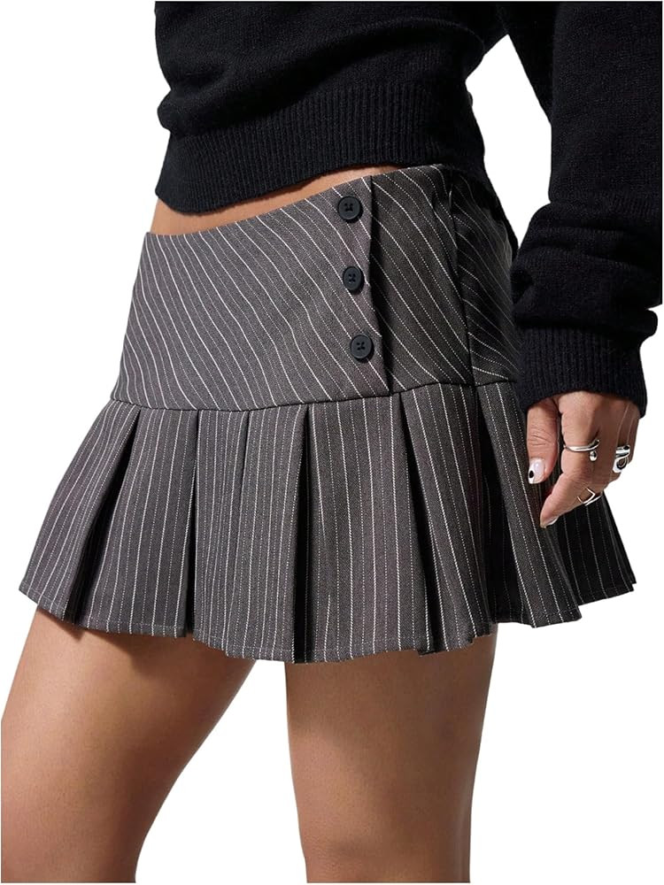 Floerns Women's Striped Pleated Micro Mini Skirts Low Waist Button Side Uniform A Line Skirt | Amazon (US)