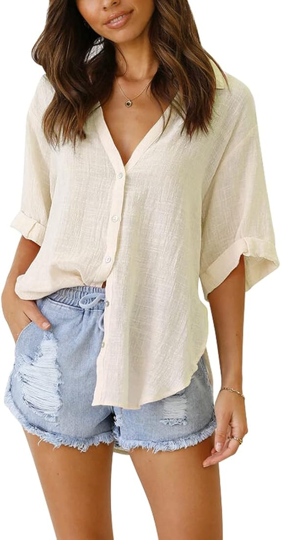 Womens Button Down Linen Shirts V Neck Roll Up Cuffed Sleeve Blouses Loose Collared Shirt Casual ... | Amazon (US)