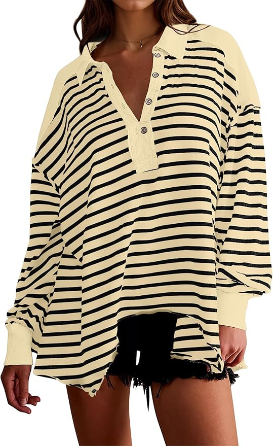 Women Oversized Striped Sweatshirts Casual Long Sleeve Button Lapel Collared Polo Shirts Asymmetr... | Amazon (US)