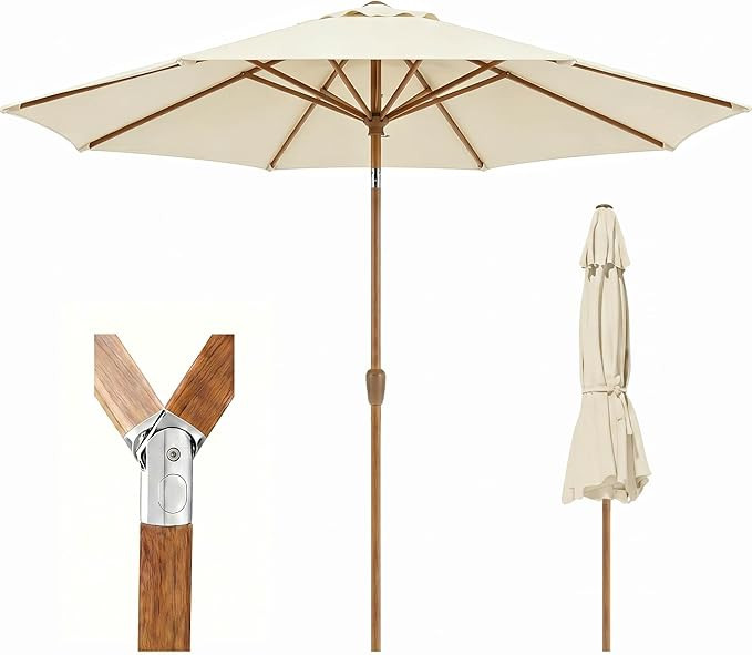 9ft Outdoor Patio Umbrella, Market Table Umbrella with Crank and Easy Push Button Tilt, Wood Grai... | Amazon (US)