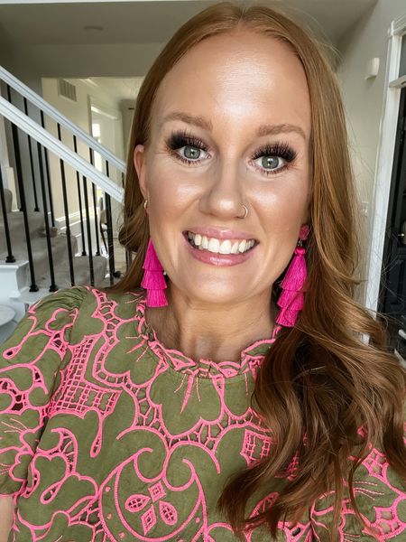Mother’s Day outfit inspo. Spring outfit. Women. Pink. Fringe earrings. Hot pink. Redhead. Anthropologie. Amazon finds. Spring top. Colorful top. Lace cutout top. #mothersday #springoutfit #earrings #hotpink #ootd #redhead 

#LTKworkwear #LTKbeauty