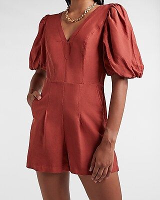 Linen-Blend Puff Sleeve Romper | Express