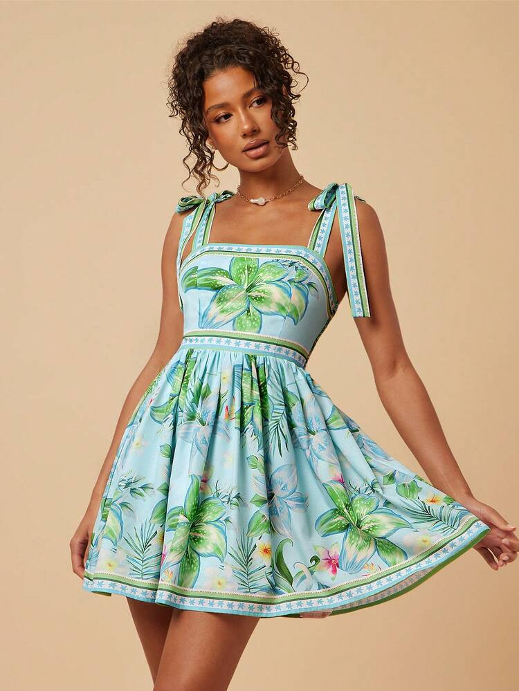 Travachic Women's Romantic Floral Print Tie-Up Vacation Dress,Summer Dress,Summer Outfits,Summer ... | SHEIN