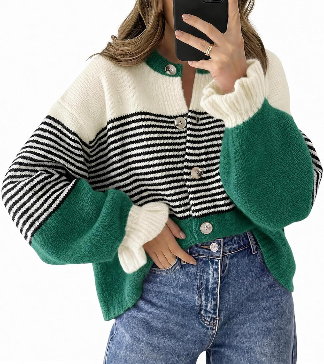 Saodimallsu Womens 2026 Fall Trendy Striped Cardigan Sweaters Ruffle Sleeve Button Up Loose Color Block Sweater Coats | Amazon (US)