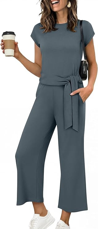 ANRABESS Women 2 Piece Outfits 2026 Summer Lounge Sets Cap Sleeve Tie Waisted Top Wide Leg Pant A... | Amazon (US)