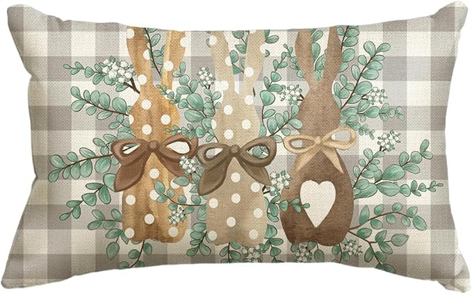 AVOIN colorlife Easter Bunny Buffalo Plaid Throw Pillow Cover, 12 x 20 Inch Grey Cushion Case Dec... | Amazon (US)