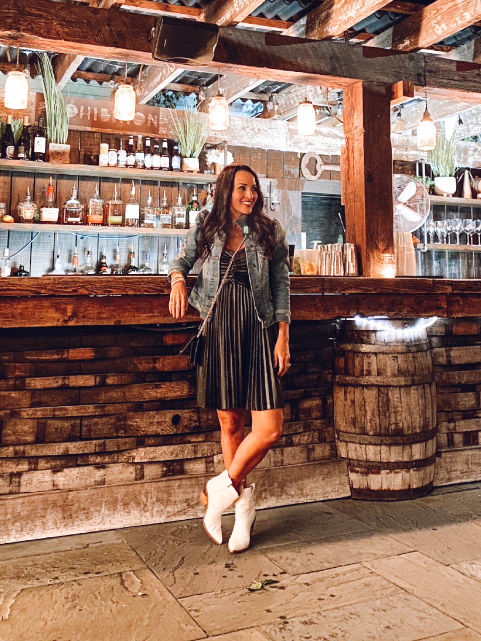 Faux leather dress
Puff sleeve jean jacket 
White booties 

#LTKwedding #LTKstyletip #LTKunder100