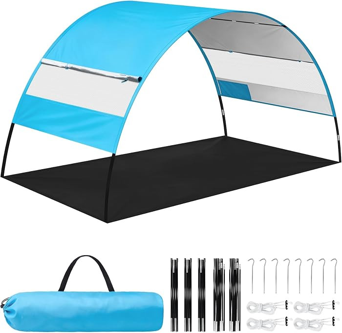 UPF 50+ Beach Tent Sun Shade, 3-4 Person Windproof Canopy with Silver Polyester Sandproof Oxford ... | Amazon (US)