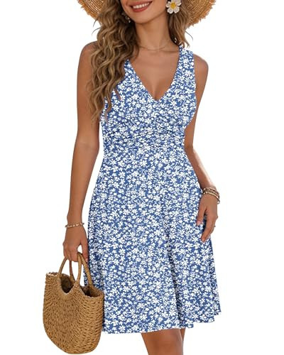 AUSELILY Floral Dress for Women Sleeveless Deep V Neck Smocked Waist A-Line Dress, Gray Blue Flower L | Amazon (US)