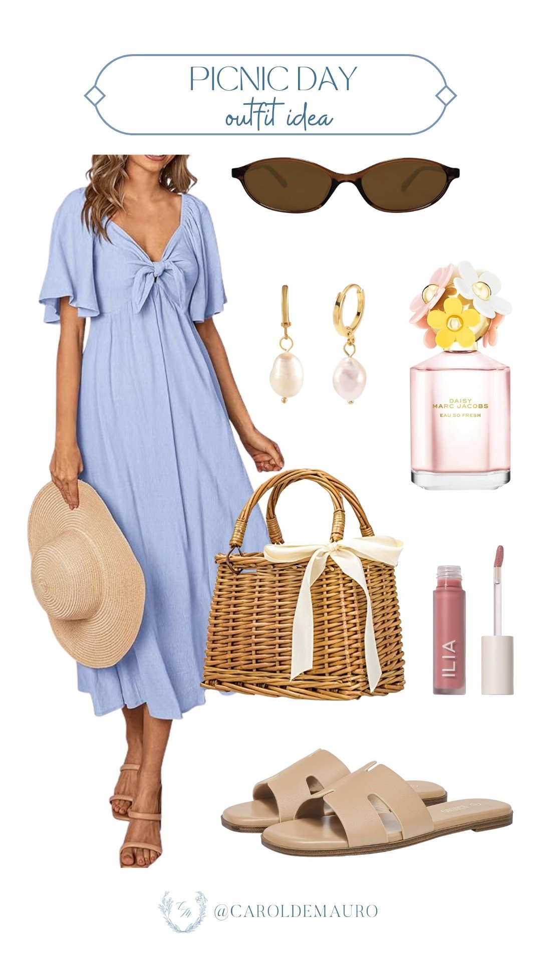 Something flowy and dressy to wear for picnic day? I got you! Style this baby blue ruffle v-neck dress with slide slippers, a woven raffia tote, sunglasses, and pearl earrings.

amazon outfit, spring dresses, casual chic, marc jacobs, ILIA lipstick, garden picnic, party outfit, affordable style

#LTKU #LTKootd #LTKSeasonal