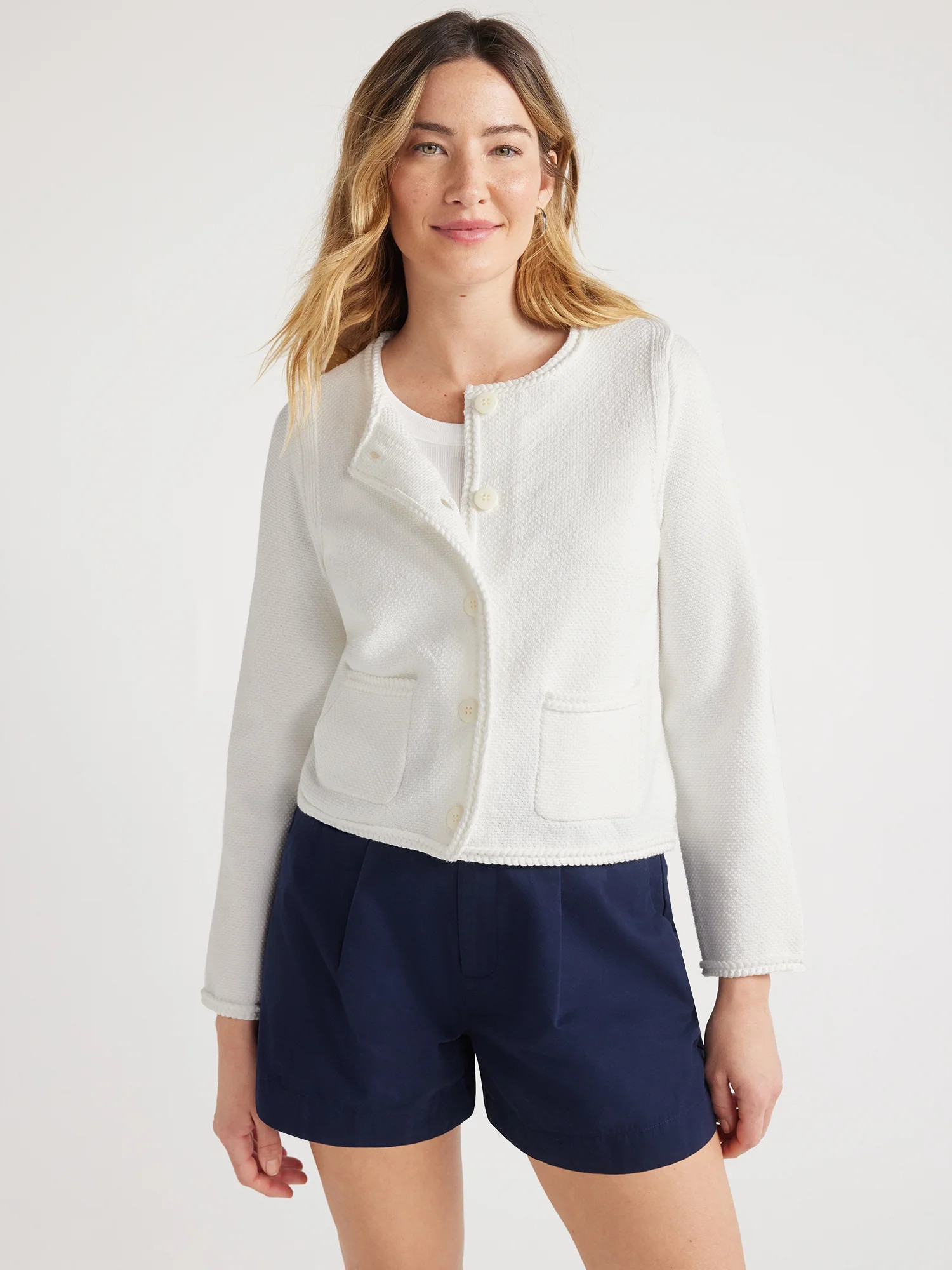 Free Assembly Women's Crochet Trim Cardigan Sweater with Long Sleeves, Midweight, Sizes XS-XXL | Walmart (US)