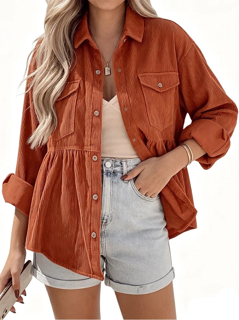 Women Long Sleeve Corduroy Peplum Shacket Jacket Button Down Babydoll Shirts Oversized Casual Blo... | Walmart (US)