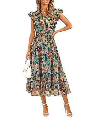 ZESICA Women's Summer Floral Midi Dress 2026 Casual Flutter Short Sleeve Chiffon Button Down Wedd... | Amazon (US)