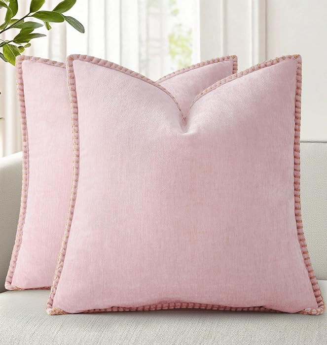 decorUhome Fall Chenille Soft Cozy Throw Pillow Covers 18x18 Set of 2, Modern Farmhouse Boho Velvet Decorative Pillow Cases with Stitched Edge for Couch Sofa Bed Home Decor, Blush Pink | Amazon (US)