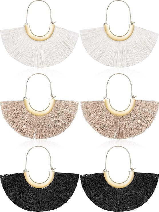 3 Pairs Fan Tassel Earrings for Women Fringe Earrings Semi Circle Fan Silky Threader Dangles Hoop... | Amazon (US)