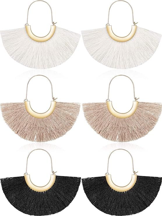3 Pairs Fan Tassel Earrings for Women Fringe Earrings Semi Circle Fan Silky Threader Dangles Hoop... | Amazon (US)