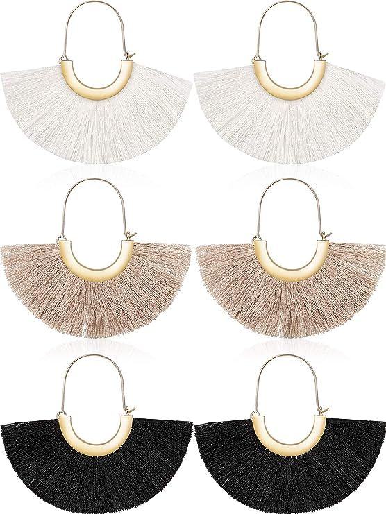 3 Pairs Silky Thread Fan Tassel Statement Hoop Earrings Lightweight Semi Circle Fan Threader Dang... | Amazon (US)