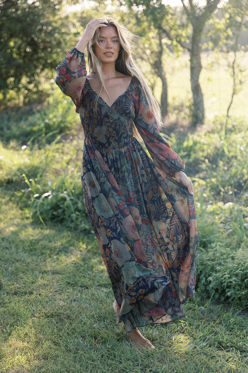 Steph Smocked Button-Front Maxi Dress in Midnight Floral | Worth Collective