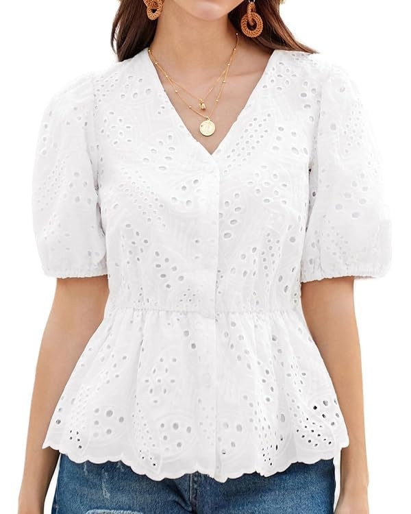 GRACE KARIN Women Blouses Button Up Puffed Short Sleeve Elastic Waist Shirt Double Layer Tops wit... | Amazon (US)