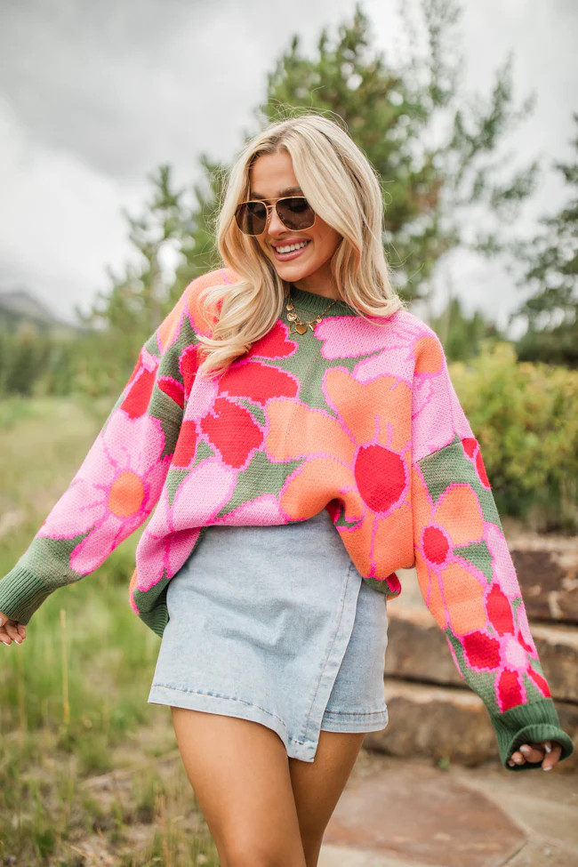 Lively Love Olive Multi Oversized Floral Print Sweater | Pink Lily