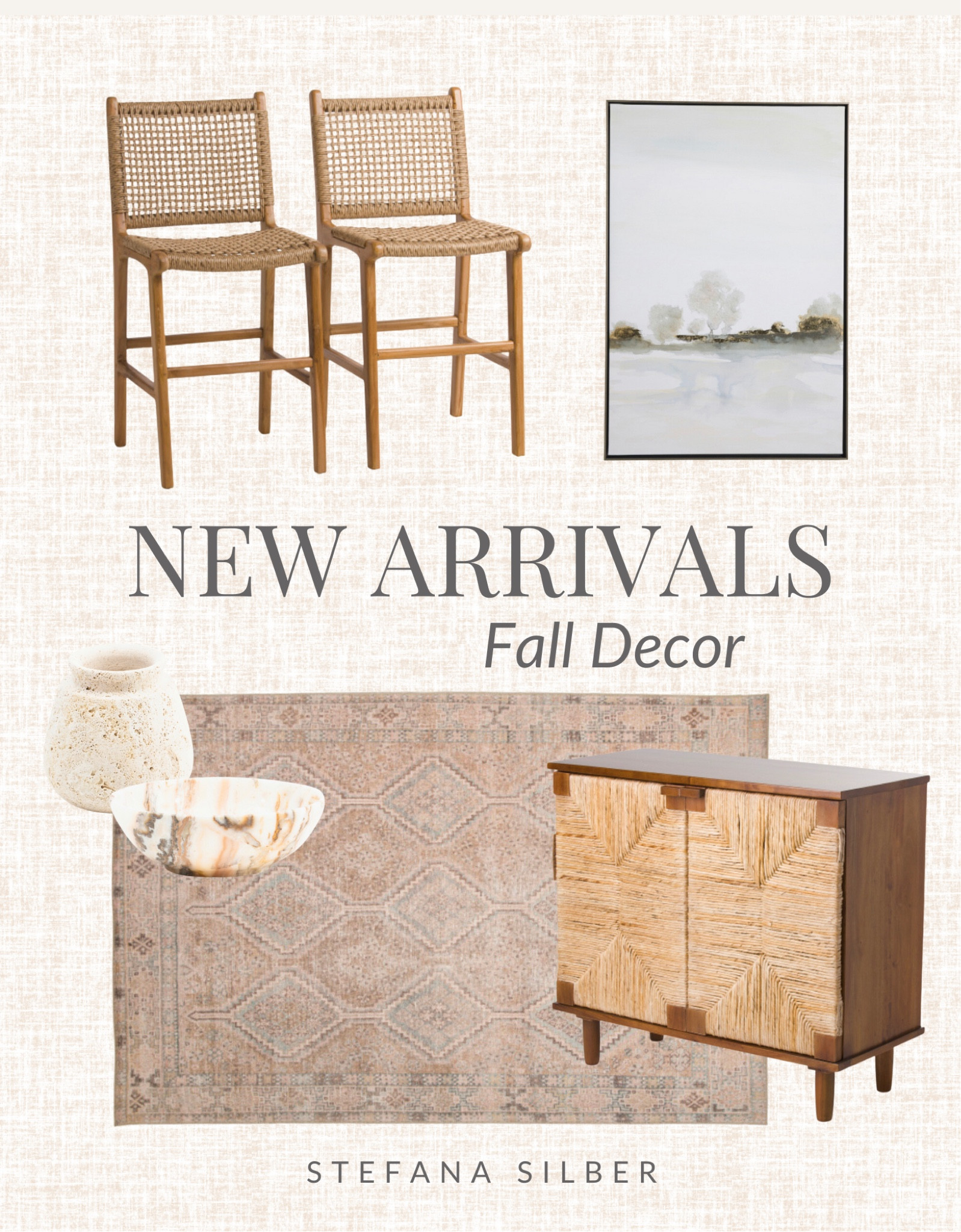 Framed art, area rug, woven cabinet, woven counter stool, stone bowl, travertine vase

#LTKhome #LTKFind #LTKstyletip